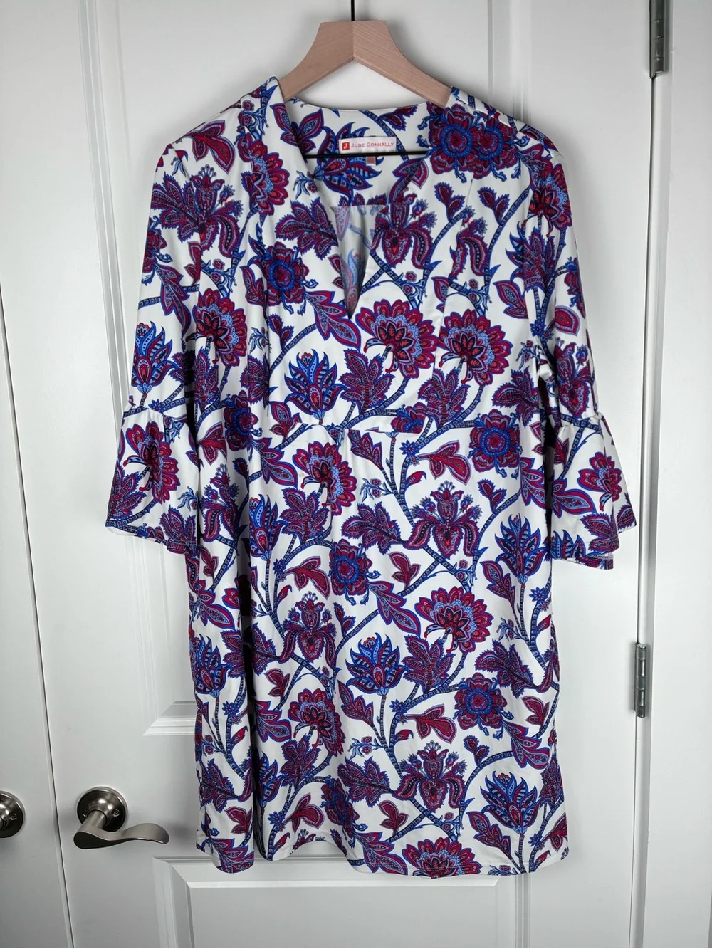 Jude Connally Kerry Dress Americana Floral V-Neck Bell Sleeves Dress Size XL